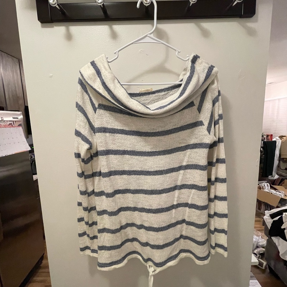 Striped Cowl Neck Sweater - Blue and White
